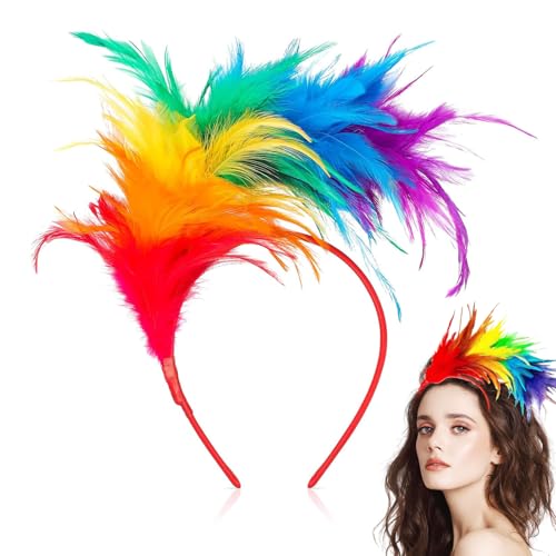 Bunt Feder Stirnband, Regenbogen Feder Haarreif, Kopfschmuck Regenbogen Feder, Bunt Feder Stirnband Fascinator, Haarreif Feder Kopfbedeckung, Papagei Kostüm für Karneval Cosplay Hochzeit Party von JIEBAO