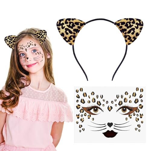 JIEBAO Leopard Kostüm Set, Leoparden Ohren Haarreif, Haarreif Leopard, Gesicht Kunst Aufkleber, Leoparden Kostüm Damen Und Kinder, für Kostüm Party Dekoration Zubehör von JIEBAO