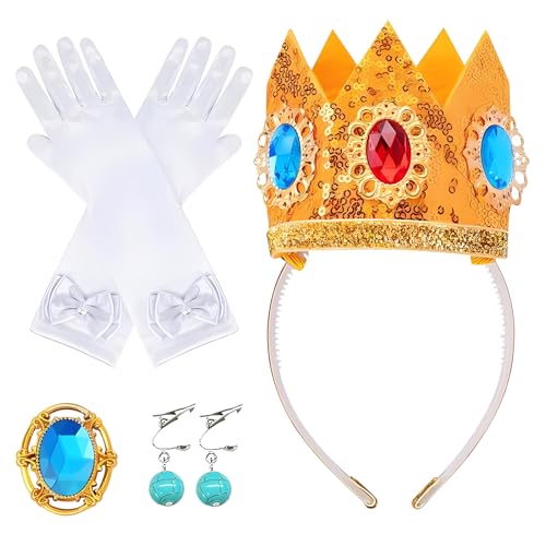 JIEBAO Prinzessin Peach Kostüm Zubehör, 4 Stück Prinzessin Peach Accessoires mit Prinzessin Peach Krone, Ohrringe, Handschuhe, Brosche, Prinzessin Peach Kostüme Zubehör für Kinder, für Karneval von JIEBAO