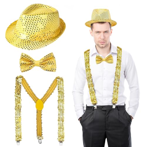 Glitzer Outfit Herren, Silvester Kostüm Accessories, Glitzer Hut Herren, Glitzer Krawatte Herren, Glitzer Hosenträger Herren, Silvester Outfit Herren für Karneval Party Show, Kostüm Party Zubehör von JIEBAO