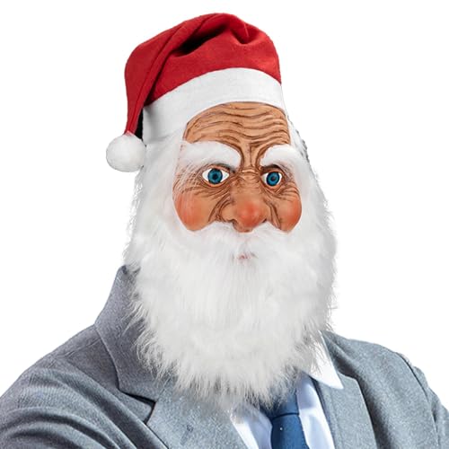 JIEBWCHA Weihnachtsmann Gesichtsmaske, Weihnachts Weihnachtsmaske, Realistische Weihnachts Weihnachtsmann Latexmaske, Nikolaus Maske Mit Bart Und Mütze, Weihnachtsmann Maske Mit Plüschbart von JIEBWCHA