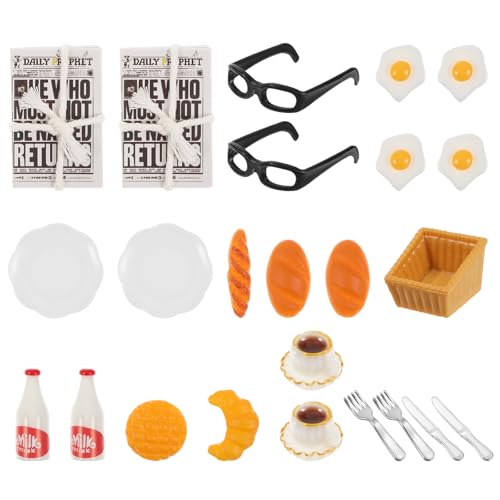 JIEYAO 24 Stück Miniatur Wichtel Zubehör,1/12 Puppenhaus Wichteltür Frühstück Set Mini Geschirr Besteck Teller Eier Milch Brot Tasse Zeitung Messer Gabel DIY Weihnachten Küche Zubehör von JIEYAO