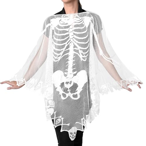 JIEYAO Damen Halloween Spitzen Skelett Poncho, Tag der Toten durchsichtiger Poncho Halloween Kostüme für Frauen Skelett Umhang von JIEYAO