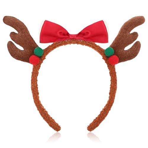 JIEYAO Rentier Geweih Stirnband, süßes Weihnachts Haarreif mit Schleifen Cosplay Rentier Kostüm Kopf Accessoire Flauschiges Realistisches Hirschgeweih Haarschmuck (ein Bogen) von JIEYAO