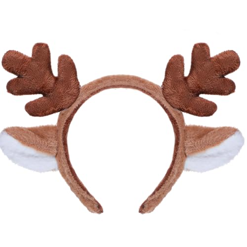 JIEYAO Weihnachts-Stirnband mit Rentiergeweih, süßes Weihnachts-Hirschohren-Kopf-Accessoire Cosplay-Rentier-Kostüm Tierohren-Stirnband flauschiges realistisches Hirschgeweih Stirnband(Braun) von JIEYAO