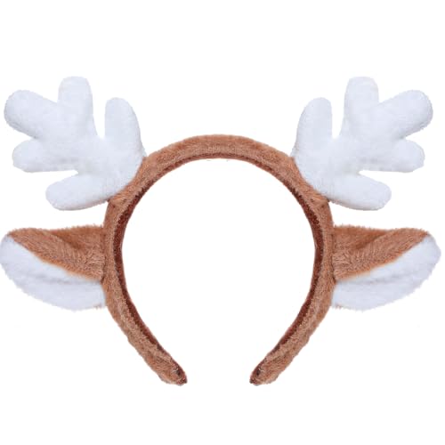 JIEYAO Weihnachts-Stirnband mit Rentiergeweih, süßes Weihnachts-Hirschohren-Kopf-Accessoire Cosplay-Rentier-Kostüm Tierohren-Stirnband flauschiges realistisches Hirschgeweih Stirnband(Weiß) von JIEYAO