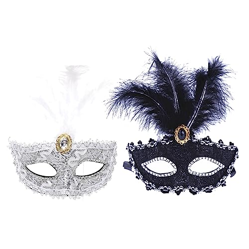 JIHUOO 2 Stück Maskerade Gesichtsmasken Karneval Party Masken Venezianische Kostüm Masken Halloween Cosplay Masken Halbgesichtsmasken mit Federn Schwarz und Weiß von JIHUOO