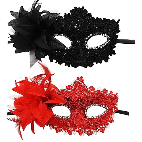 JIHUOO 2 Stück Maskerade Party Gesichtsmasken Halbgesichtsmasken Karneval Party Masken Venezianische Masken Halloween Cosplay Masken mit Federn und Blumen von JIHUOO
