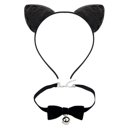 JIHUOO 2 Stück schwarze Katze Kostüm Zubehör Pailletten Katzenohren Stirnband Glocke Choker Glitzer Kätzchen Ohr Haarband Tier Cosplay Kopfstück Halloween Party Verkleidung von JIHUOO