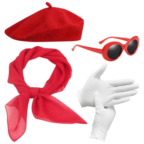 JIHUOO 4-teiliges französisches Frauenkostüm-Zubehör mit rotem Barett-Schal, Sonnenbrille, Handschuhen, lustige Künstler-Kostüme, Kostüm-Set, Cosplay, Partyzubehör für Frauen und Mädchen von JIHUOO