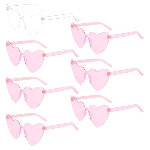 JIHUOO 7 Stück herzförmige randlose Brillen Love Heart rahmenlose Sonnenbrillen Junggesellinnenabschied Kunststoffbrillen Damen Funky Sonnenbrille Retro Multipack Brillen für Damen Herren Kinder von JIHUOO