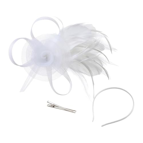 JIHUOO Fascinator aus Tüll und Feder, für Teepartys, Kopfschmuck, Cocktail-Fascinator, Haarspange, schick, elegant, Weiß von JIHUOO