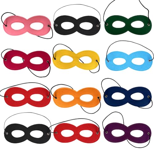 JIHUOO Filz-Augenmasken, Superhelden-Masken, Maskerade, Halbmasken, Halloween, Kostüm, Held, Cosplay, Masken, verstellbar, mehrfarbig, 12 Stück von JIHUOO