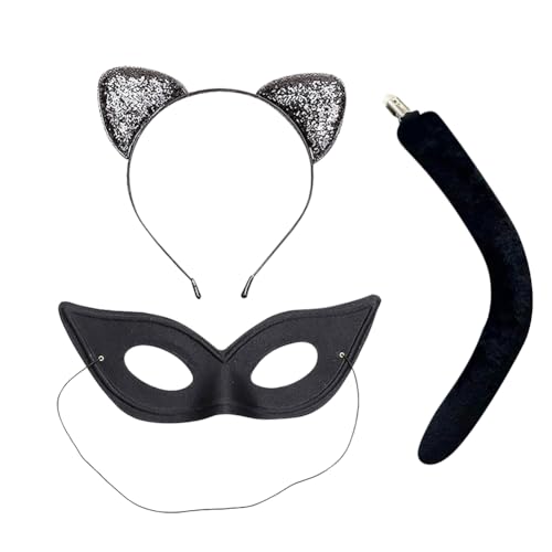 JIHUOO Halloween-Katzenkostüm-Zubehör, schwarze Katze, Maske, Ohren, Stirnband und Schwanz, Tierohren, Haarband, Halloween-Party, Cosplay-Kostüme, 3 Stück von JIHUOO