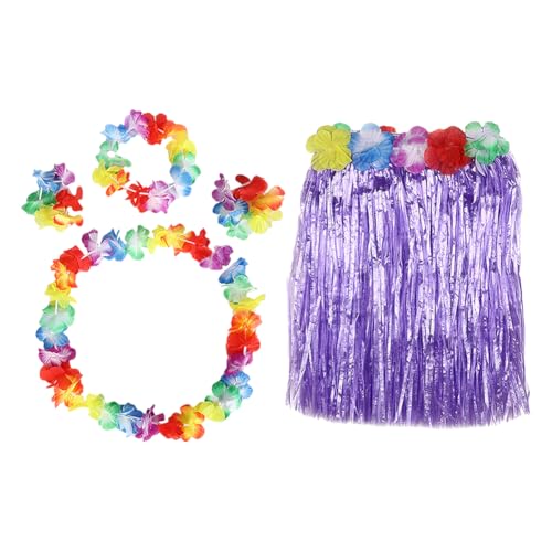 JIHUOO Hawaiianischer Hula-Grasrock für Kinder, tropischer Rock, Strandkostüm, Rock mit Blume, Stirnband, Armbänder, Hawaii-Blumen-Halskette, Strandtanz-Party-Dekorationen, Gastgeschenke für von JIHUOO