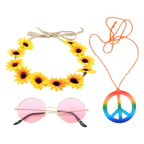 JIHUOO Hippie-Kostüm-Set im Stil der 60er-/70er-Jahre, 3-teilig, Friedenszeichen, Halskette, Gänseblümchen, Stirnband, Krone, Retro, rosa Sonnenbrille von JIHUOO