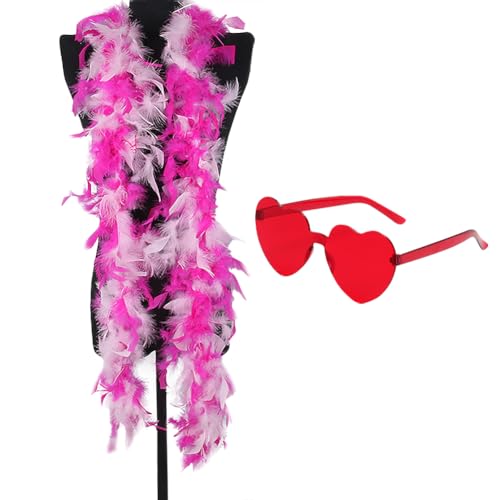 JIHUOO Pinke Federboas und rotes Herz randlose Sonnenbrille Tanzparty Requisiten Outfits Halloween Dress Up Kostüme Teeparty Zubehör für Frauen Mädchen von JIHUOO