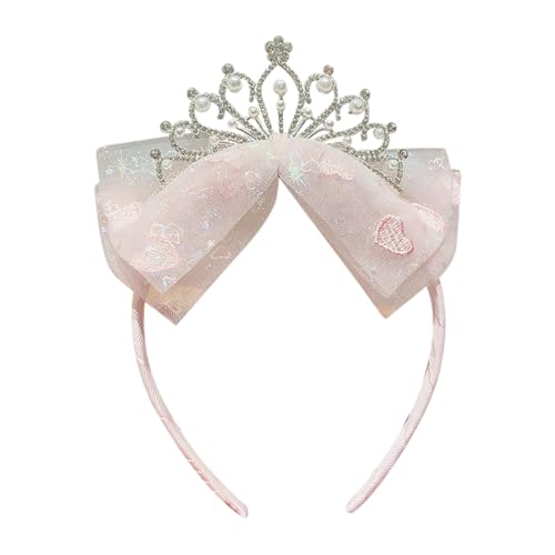 JIHUOO Prinzessin Tiara Krone Stirnbänder Tüll Schleife Kronen Geburtstag Party Stirnband Feenkostüm Stirnband Perle Strass Krone Kopfschmuck Blumenmädchen Haarschmuck Rosa von JIHUOO