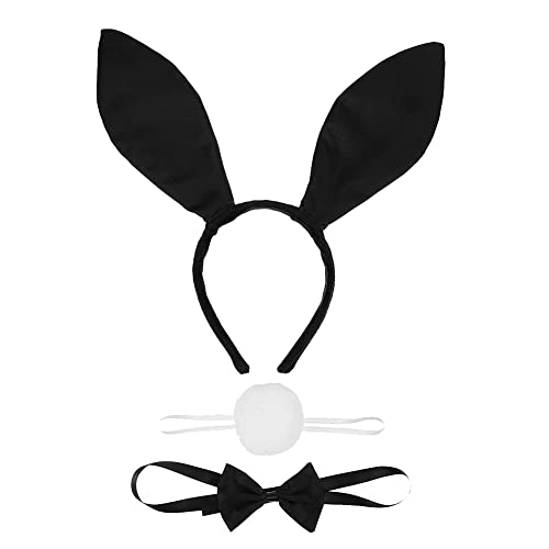 JIHUOO Satin Bunny Ear Stirnband Hasenohren Haarband Lange Hasenohren Cosplay Party Haarband mit Bunny Tail und Fliege Bunny Kostüm Set Schwarz von JIHUOO