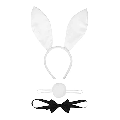 JIHUOO Satin Bunny Ear Stirnband Hasenohren Haarband Lange Hasenohren Cosplay Party Haarband mit Hasenschwanz und Fliege Bunny Kostüm Set Weiß von JIHUOO