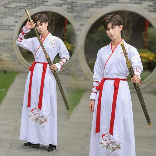 JIMINISO Traditionelles chinesisches weißes Fuchs-Stickerei-Kleid für Herren, Erwachsene, Halloween, Karneval, Schwertkämpfer, Cosplay-Kostüm von JIMINISO