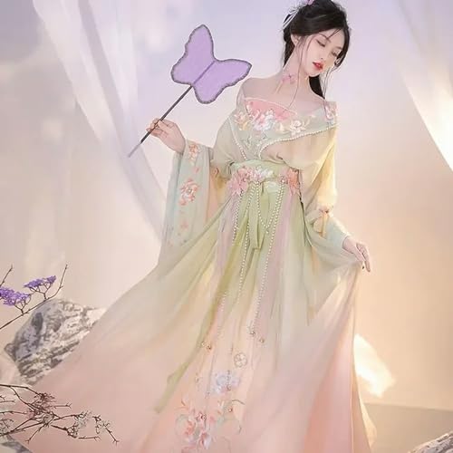 JIMINISO WeiJin Dynastie Fee Cosplay Kleid, 3 Farben, Blumendruck, Perlen, 8-teilig, Karneval von JIMINISO