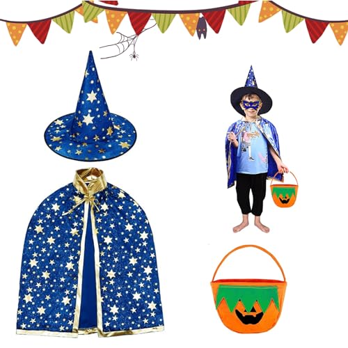 JINCHENG Halloween kostüm Kinder Hexe Zauberer Umhang,Zauberer Halloween Kostüm mit Hut und Kürbis Candy Bag,mit Requisiten für Jungen Mädchen Halloween Cosplay Party. (Blau) von JINCHENG