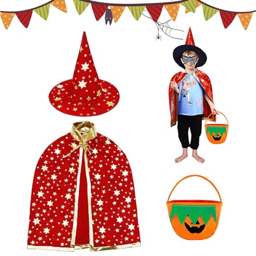 JINCHENG Halloween kostüm Kinder Hexe Zauberer Umhang,Zauberer Halloween Kostüm mit Hut und Kürbis Candy Bag,mit Requisiten für Jungen Mädchen Halloween Cosplay Party. (Rot) von JINCHENG