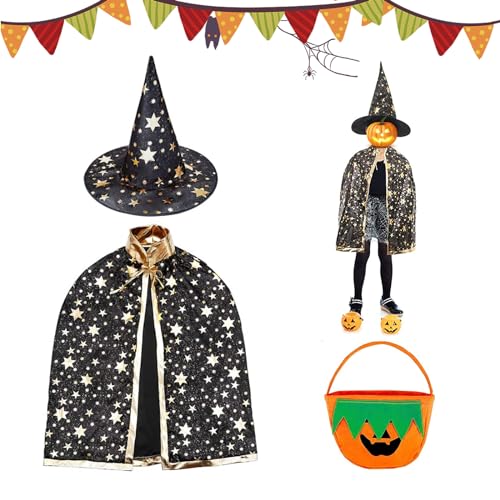 JINCHENG Halloween kostüm Kinder Hexe Zauberer Umhang,Zauberer Halloween Kostüm mit Hut und Kürbis Candy Bag,mit Requisiten für Jungen Mädchen Halloween Cosplay Party. (Schwarz) von JINCHENG