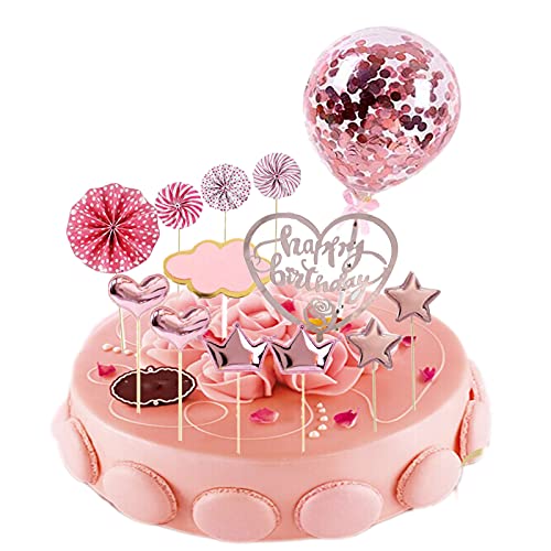 JINCHENG Tortendeko Kuchendekoration,13pcs Geburtstag Torte Topper,Konfetti Luftballon Papierfächer Kuchendeko Geburtstagstorte,Torte für Geburtstagsfeier Dekoration (Pink Love) von JINCHENG