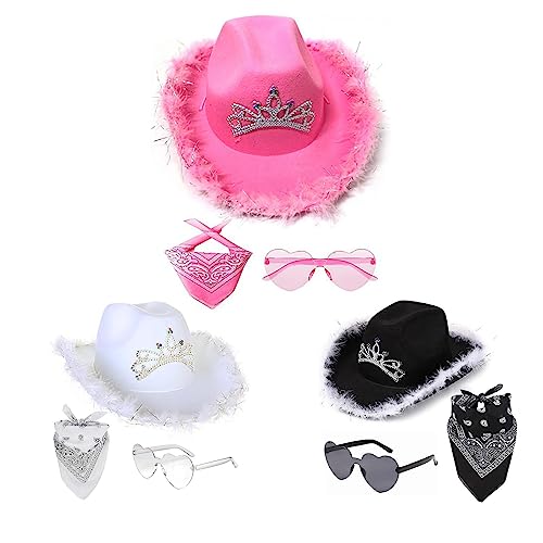 JINGAN Cowboyhut, rosa Cowgirl-Hut, Filz-Federbesatz, Cowgirl-Hut, attraktives Partyzubehör mit quadratischem Polyester-Schal, Herz-Brille für Männer, Frauen, , Mädchen, Frauen von JINGAN