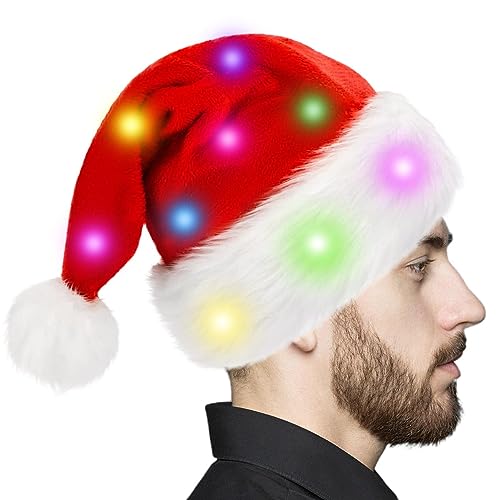 JINGAN LED-Hut, integrierte , roter Weihnachtsmann-Mütze, lustige Plüsch-Weihnachtsmannmütze, weicher Plüsch-Hut, klassischer Cosplay-Hut für Erwachsene und Kinder von JINGAN