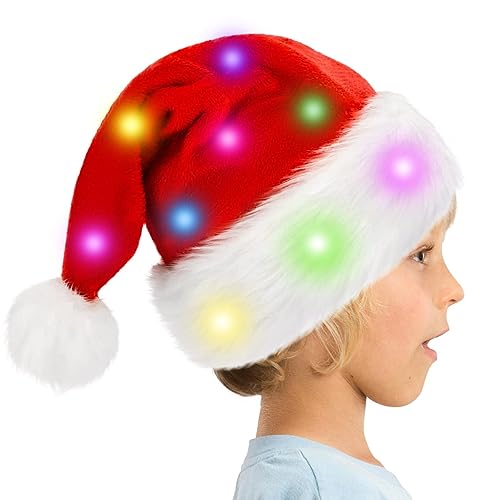 JINGAN LED-Hut, integrierte , roter Weihnachtsmann-Mütze, lustige Plüsch-Weihnachtsmannmütze, weicher Plüsch-Hut, klassischer Cosplay-Hut für Erwachsene und Kinder von JINGAN