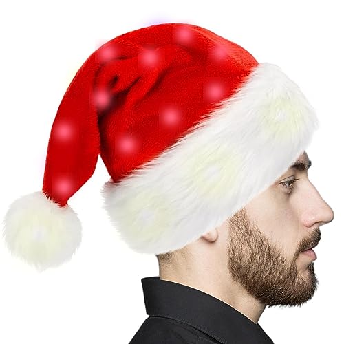 JINGAN LED-Hut, integrierte , roter Weihnachtsmann-Mütze, lustige Plüsch-Weihnachtsmannmütze, weicher Plüsch-Hut, klassischer Cosplay-Hut für Erwachsene und Kinder von JINGAN