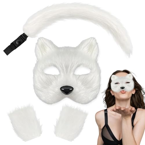 JINGAN Ma-sk und Schwanz Set | Pelziger Ma-sk und lange Füchse Schwanz | Cosplay Set für Mädchen | Stuff Foxes Ma-sk Wolfsschwanz | Halloween Tier Cosplay Kostüm Zubehör von JINGAN