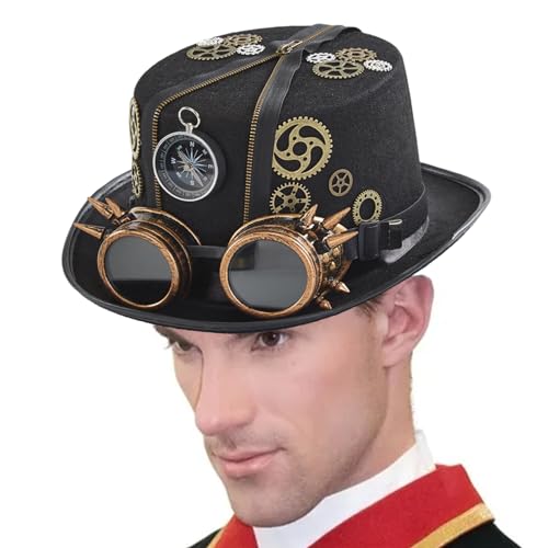 JINGAN Steampunk-Hüte für Herren, Steampunk-Hüte mit Brille, Gothic-Vintage-Kostüm, Kopfbedeckung mit abnehmbarer Brille, Zeitreisender, Kostüm, Steampunk-Zubehör für Halloween-Maskerade von JINGAN