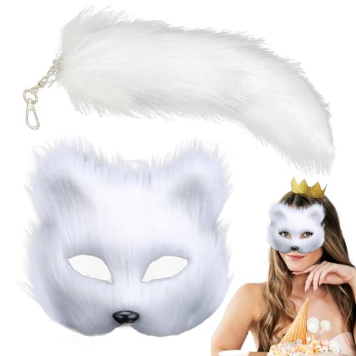 JINGAN Animal Maske Und Schwanz Set | Pelzmaske Und Langer Fuchsschwanz | Animal Cosplay Set Für Mädchen | Animal Stuff Fuchsmaske Wolfsschwanz | Halbgesichts Maskerade Maske Für Kostümpartys von JINGAN