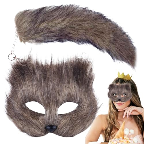 Tier-Ma-sk und Schwanz-Set, pelziger Ma-sk und langer Füchsschwanz, Tier-Cosplay-Set für Mädchen, Tiersachen, Füchse, Ma-sk Wolfsschwanz, Halbgesichtsmaskerade, Ma-sk für Kostüm, Partyzubehör von JINGAN