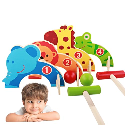 JINGLING Krocket-Set für Kinder, Tier-Krocket-Set aus Holz | Interaktives Dschungeltier-Krocketspielzeug aus Holz,Pädagogische Rasenpartyspiele für 2+ Spieler, Indoor-Outdoor-Kinderspaß von JINGLING