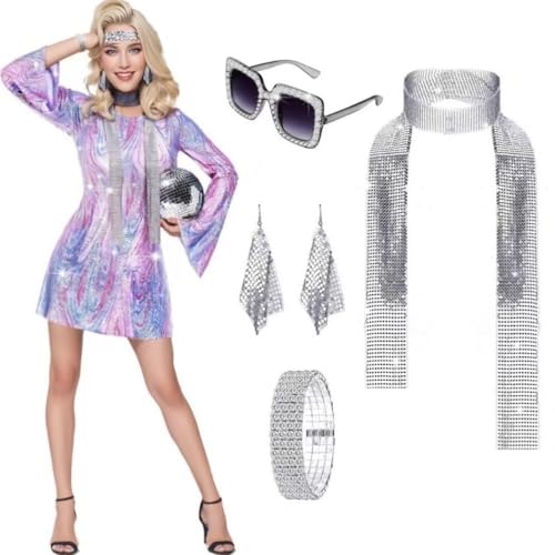 60er 70er Jahre Bekleidung Damen,Disco Outfit DamAen,Hippie Kostüm Damen Set,Kleid Damen mit Mode Pailletten und Accessoires,Karneval kostüm für 60er 80er 70er 90er Jahre Themenparty (Rosa, 3XL) von JINGTOPS