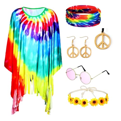 60er 70er Jahre Hippie Kostüm Accessoires Set, Disco Kostüm Accessoires, Hippie Boho Kostüm Set mit Quasten Beinärmel Frieden Zeichen,Damen Tie Dye Umhangfür Karneval Party (C Eine Brille tragen) von JINGTOPS