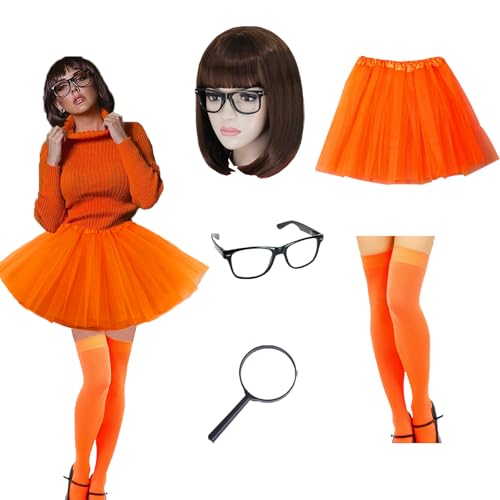 Fasching Kostüm Damen Student Mit PerüCke Fasching+Tüllrock Damen +Brille Karneval+Overknee Socken +Handlupe,Tüllrock Damen Orange Für Karneval Cosplay Party Fancy Dress Cosplay Lehrer von JINGTOPS