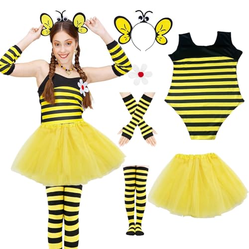 Faschingskostüme Damen Biene Kostüm Erwachsene,Bienen Kostüm Damen Karneval Kostüm Damen Cosplay,Bienen Haarreif Onesie Kostüm Overknees Lange Handschuhe Strümpfe Damen Bienenfee Ballerina Tutu Rock von JINGTOPS