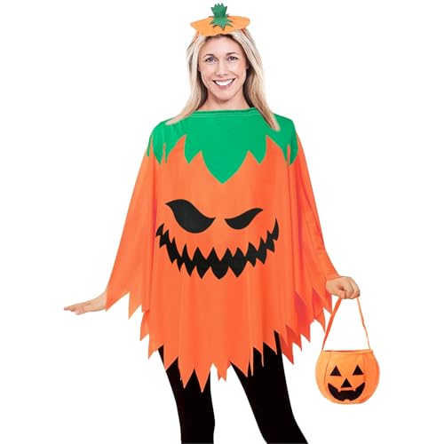 JINGTOPS Halloween Kostüm Umhang Damen, Erwachsene Kürbis Poncho Orange mit Stirnband, Kürbisbeutel, Niedliches Kostüm für Mottoparty Maskerade Party Requisiten Outfits Cosplay Verkleidung von JINGTOPS