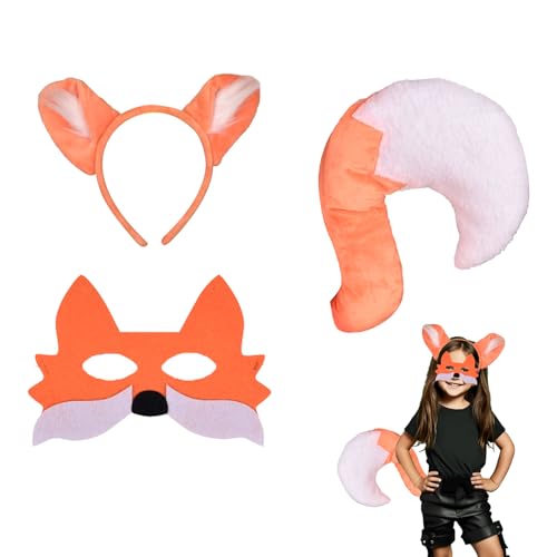 JINGTOPS 3 pcs Kinder Füchse Kostüm Set,Tier Cosplay Kostüm,Halloween Kostüm,Füchse Kostüm für Mädchen, Tierkostüm Zubehör mit Maske/Ohren-Stirnband/Schwanz.Halloween Kostüm von JINGTOPS