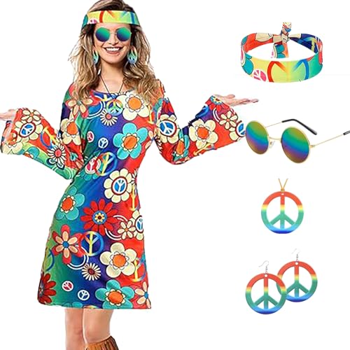 JINGTOPS 60er 70er Jahre Hippie Kostüm Dame,Hippie Kleid,70er Disco Outfit Kostüm Damen,Hippie Kostüm für Karneval Party Cosplay mit Peace Zeichen Ohrringen Halskette Stirnband Sonnenbrille (L) von JINGTOPS