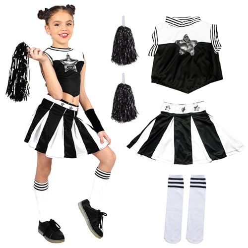 JINGTOPS Cheerleader Kostüm Kinder Kleid Cheerleadering Outfit Mädchen mit Pompoms Strümpfe, Faschingskostüme Kinder Cheerleader Costume Cosplay Kostüm für Halloween Karneval, Party, 4-6Jahre (120) von JINGTOPS