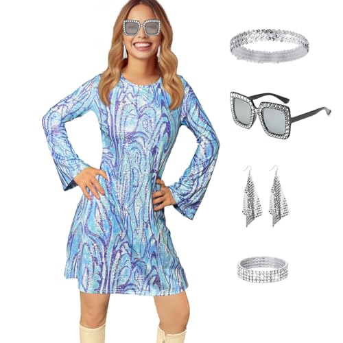 JINGTOPS Disco Outfit DamAen Karneval kostüm Hippie Kostüm Damen Set,Kleid Damen mit Mode Pailletten und Accessoires (L) von JINGTOPS