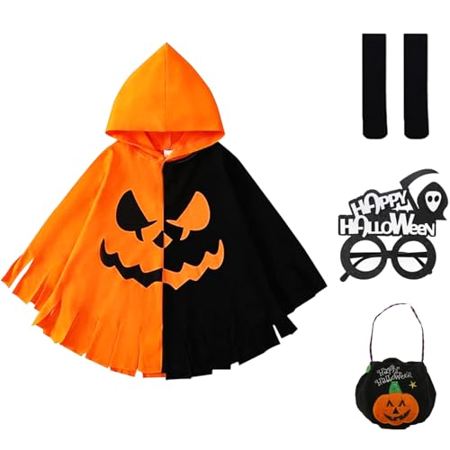 JINGTOPS Halloween Kürbis Umhang Kinder Kostüm Gespenster Sensenmann Kostüm Hexe Zauberer Umhang mit Hut, Brille Kürbis Tasche,Orange Zauberer Geist Cosplay Kostüm Karneval Halloween von JINGTOPS