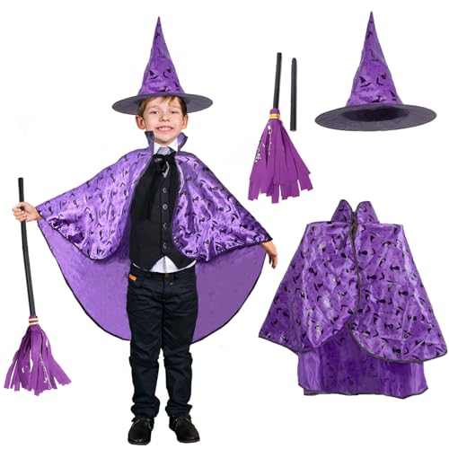 Halloween Kostüm Kinder Umhang, Hexen Zauberer Umhang mit Besen und Hut, Zauberer Kostüm Kinder Spinnenkostüm Teufel Kinderkostüm für Junge Mädchen Cosplay Party Kostüm Karneval Maskerade Hexennacht von JINGTOPS